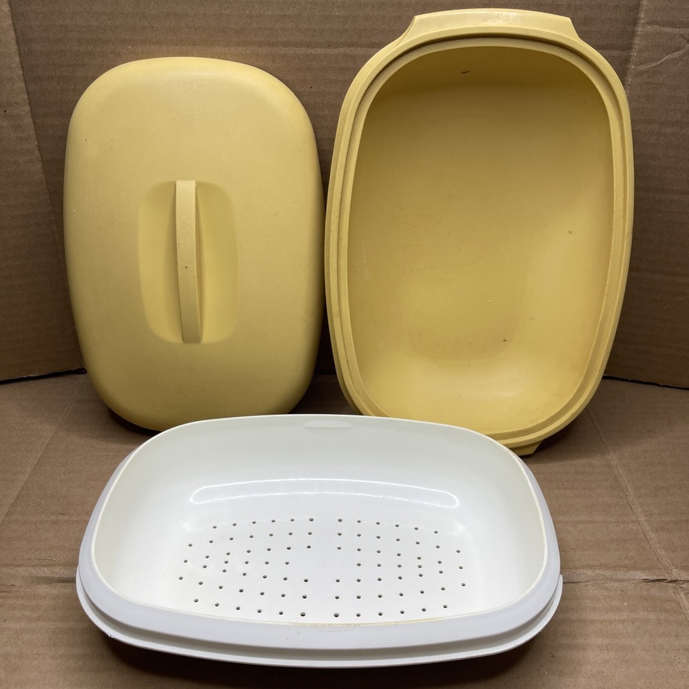 Vintage 1970s Tupperware 1273 Harvest Gold 3 Pc Vegetable Rice Steamer USA